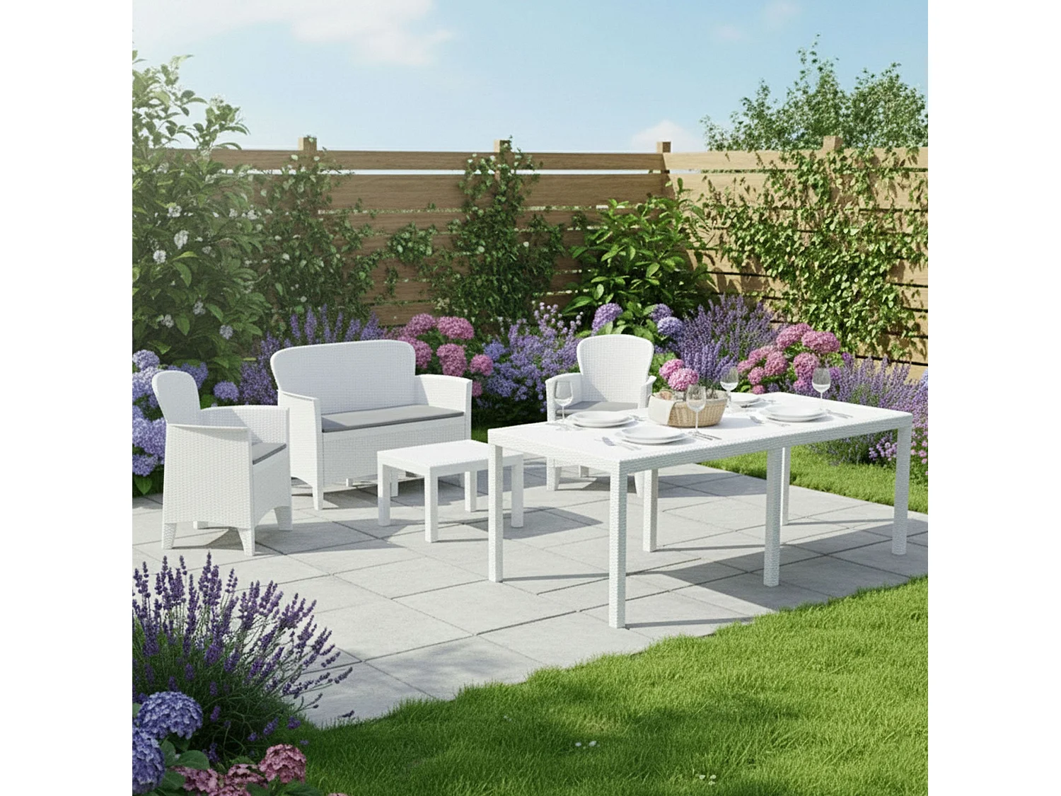 Set Salotto da Esterno Domaso, Salottino 4 Posti, Tavolo 10 Posti Posti Made in Italy, Bianco, Salottino Outdoor, un Tavolino