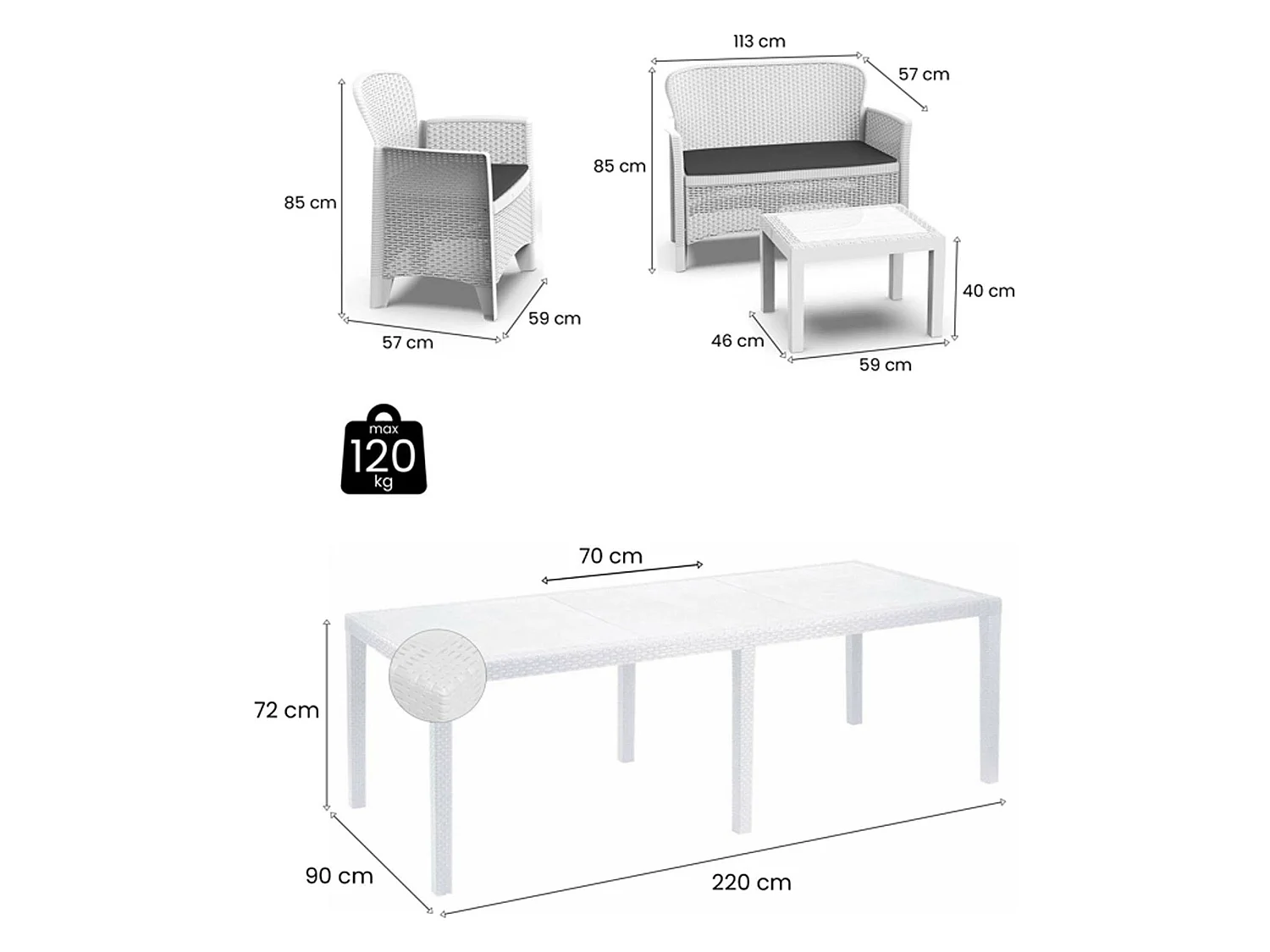 Set Salotto da Esterno Domaso, Salottino 4 Posti, Tavolo 10 Posti Posti Made in Italy, Bianco, Salottino Outdoor, un Tavolino