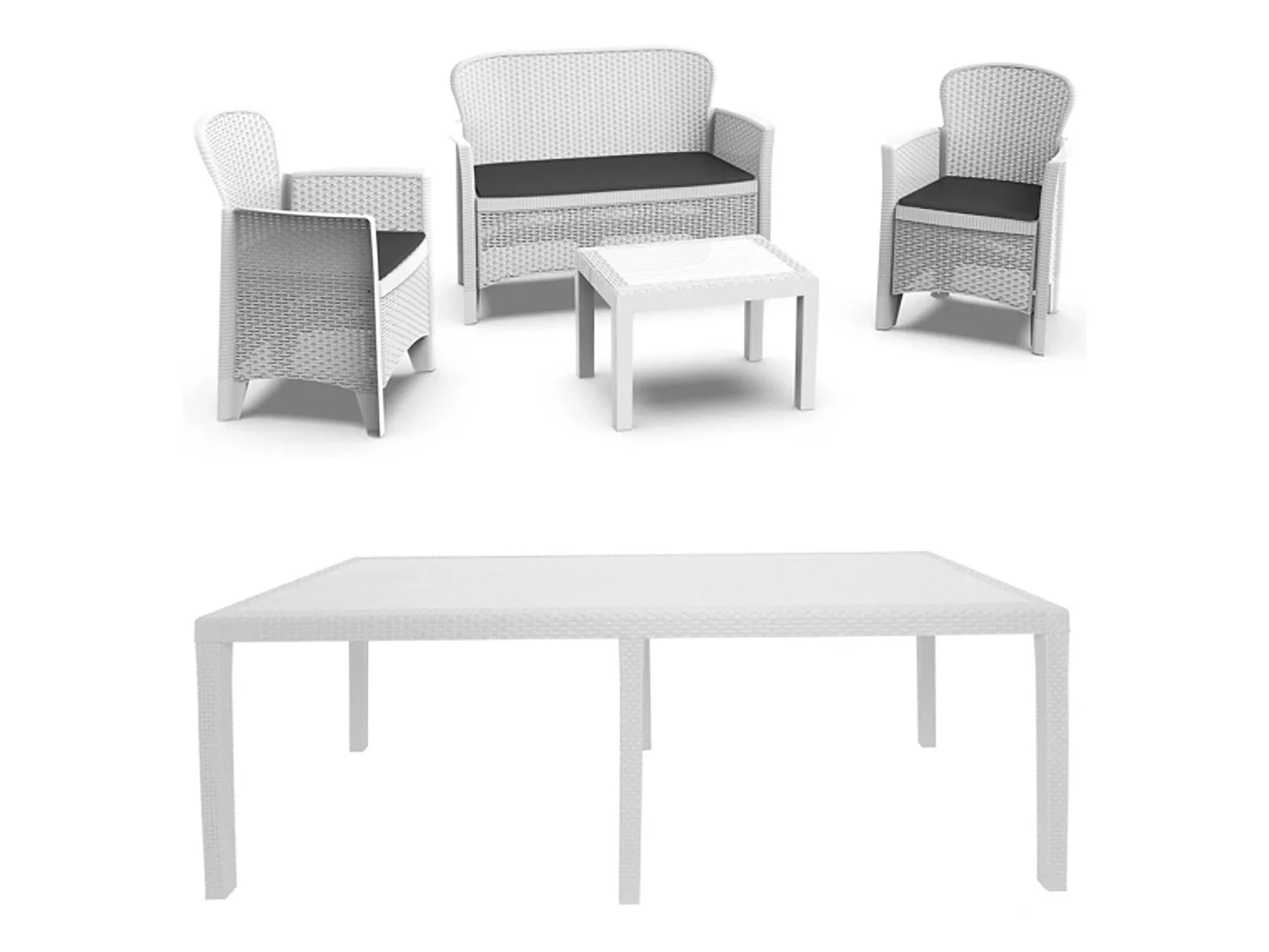 Set Salotto da Esterno Domaso, Salottino 4 Posti, Tavolo 10 Posti Posti Made in Italy, Bianco, Salottino Outdoor, un Tavolino