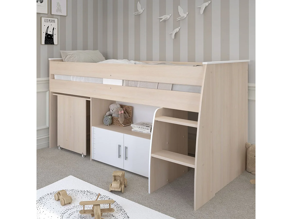 Lit 90x200 combiné avec bureau aspect bois et façades blanches sérigraphiées - CHARLINE