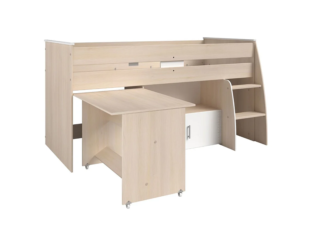Lit 90x200 combiné avec bureau aspect bois et façades blanches sérigraphiées - CHARLINE