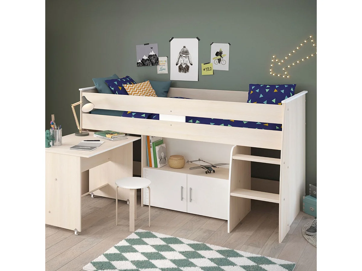 Lit 90x200 combiné avec bureau aspect bois et façades blanches sérigraphiées - CHARLINE
