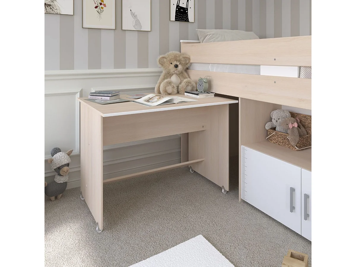 Lit 90x200 combiné avec bureau aspect bois et façades blanches sérigraphiées - CHARLINE