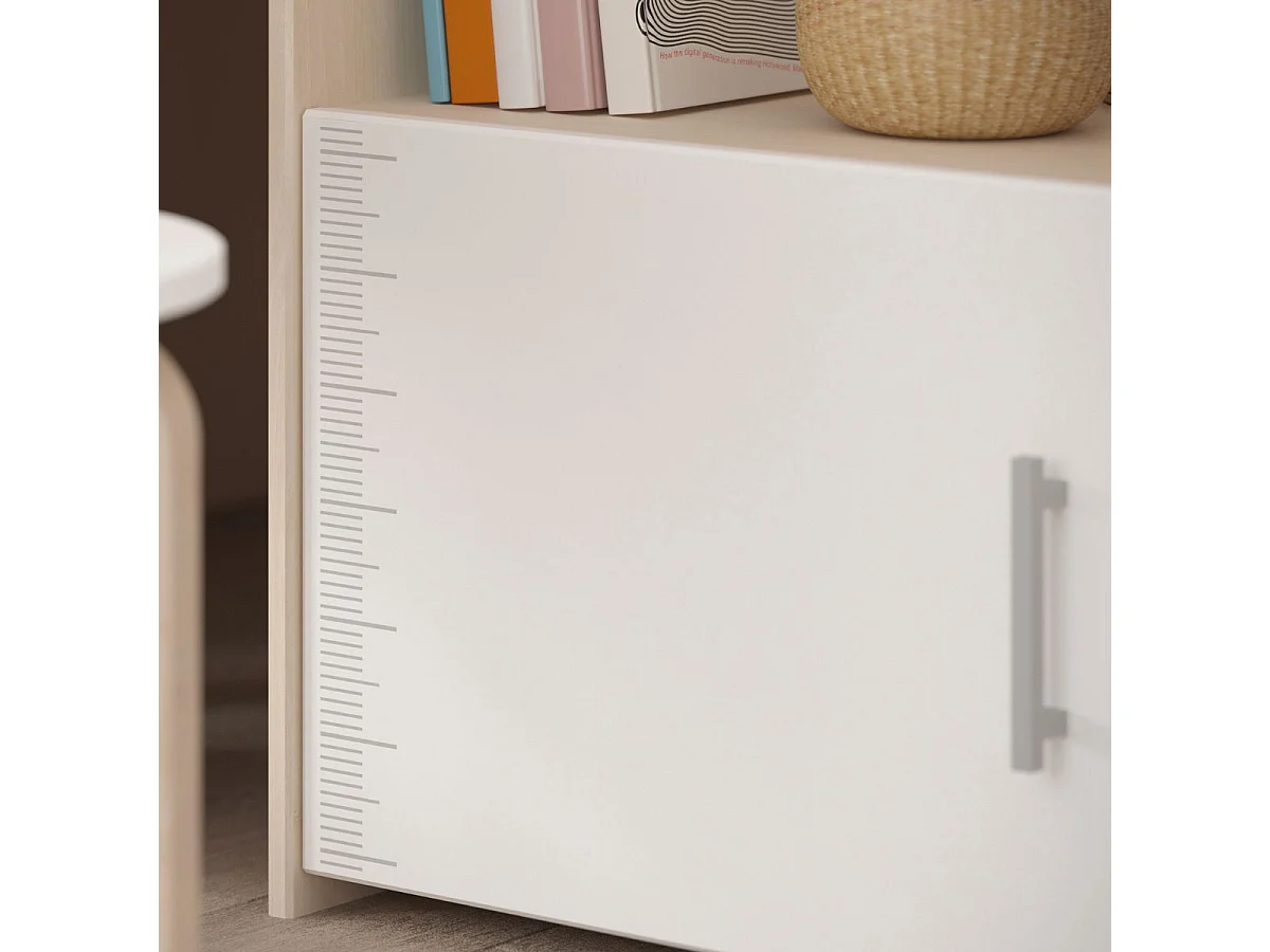 Lit 90x200 combiné avec bureau aspect bois et façades blanches sérigraphiées - CHARLINE