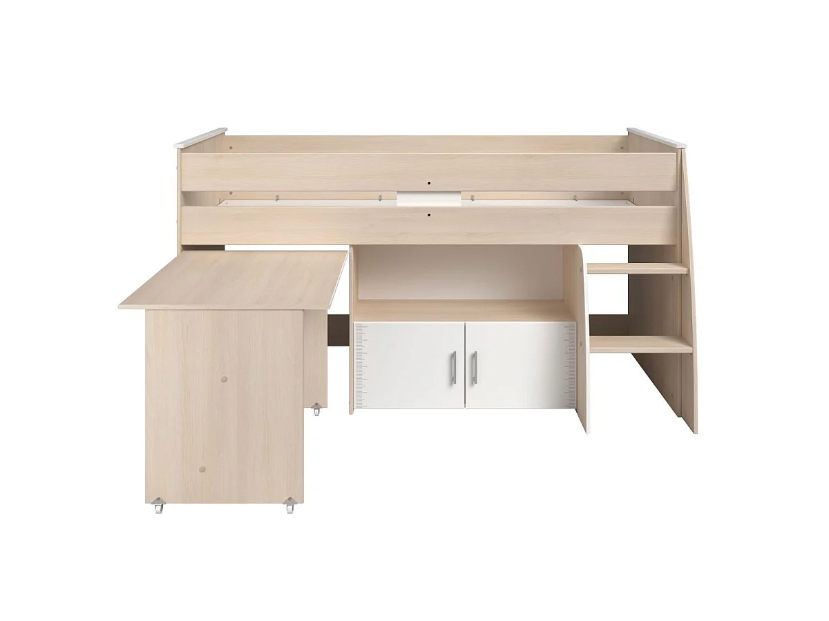 Lit 90x200 combiné avec bureau aspect bois et façades blanches sérigraphiées - CHARLINE