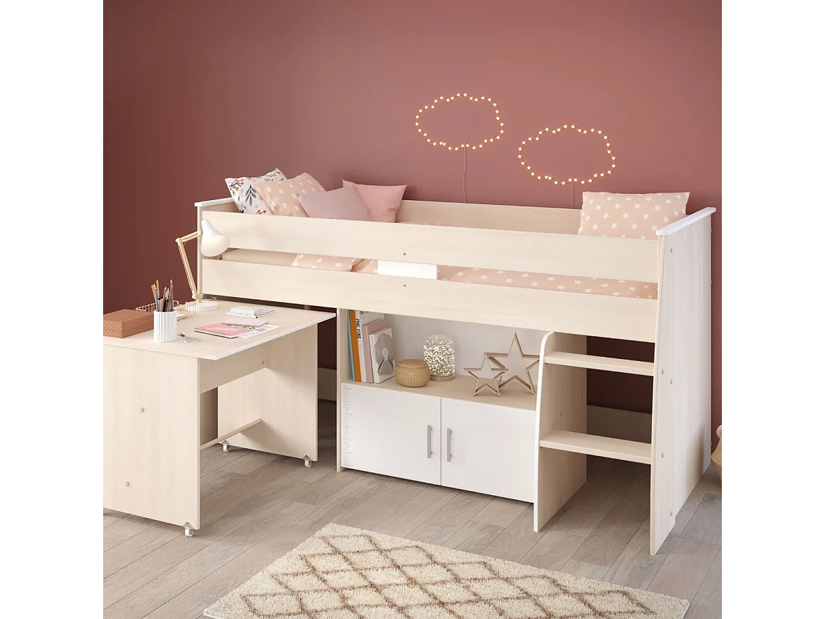 Lit 90x200 combiné avec bureau aspect bois et façades blanches sérigraphiées - CHARLINE