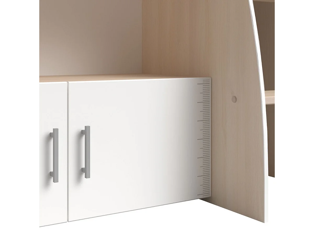 Lit 90x200 combiné avec bureau aspect bois et façades blanches sérigraphiées - CHARLINE
