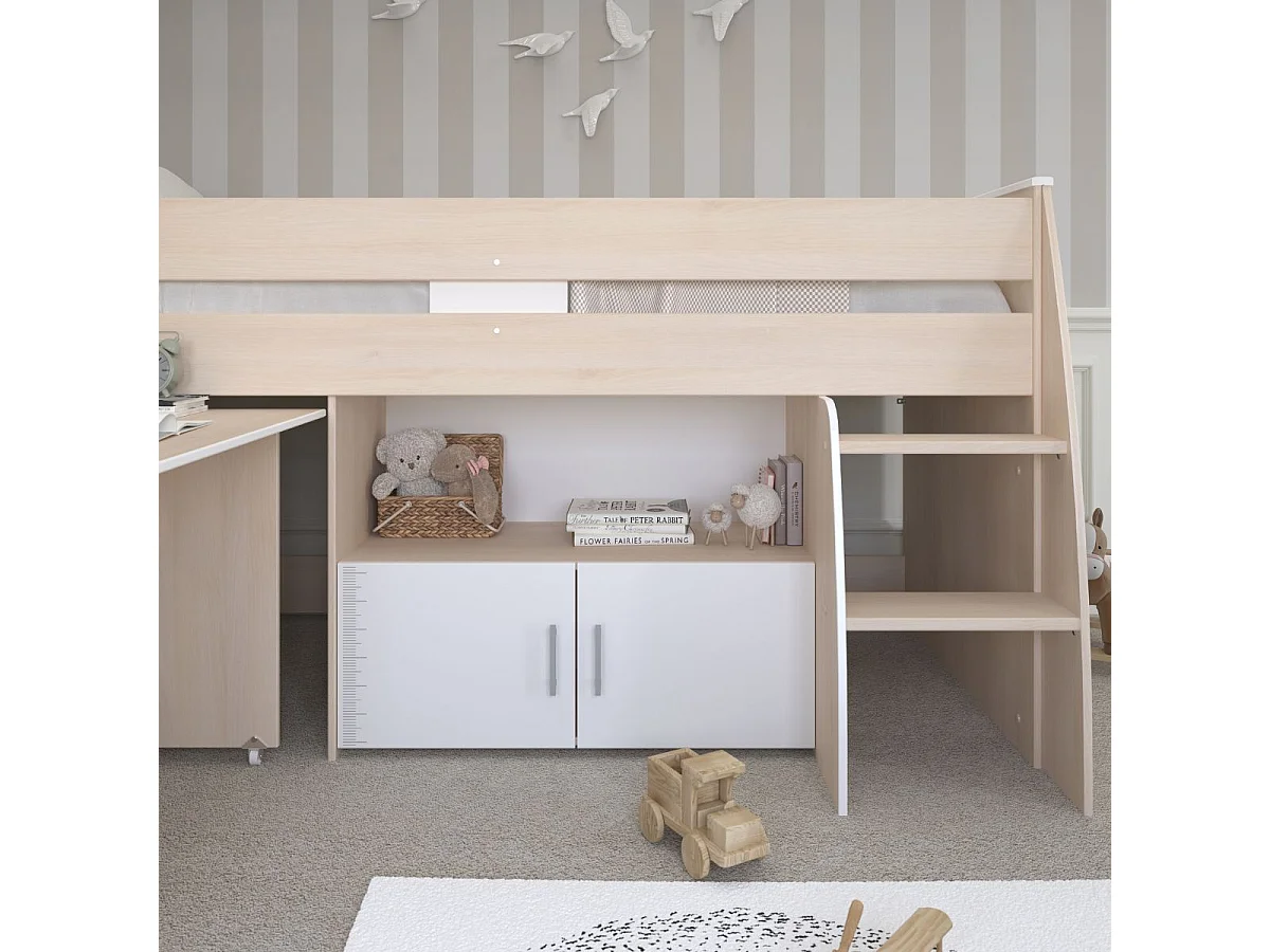 Lit 90x200 combiné avec bureau aspect bois et façades blanches sérigraphiées - CHARLINE