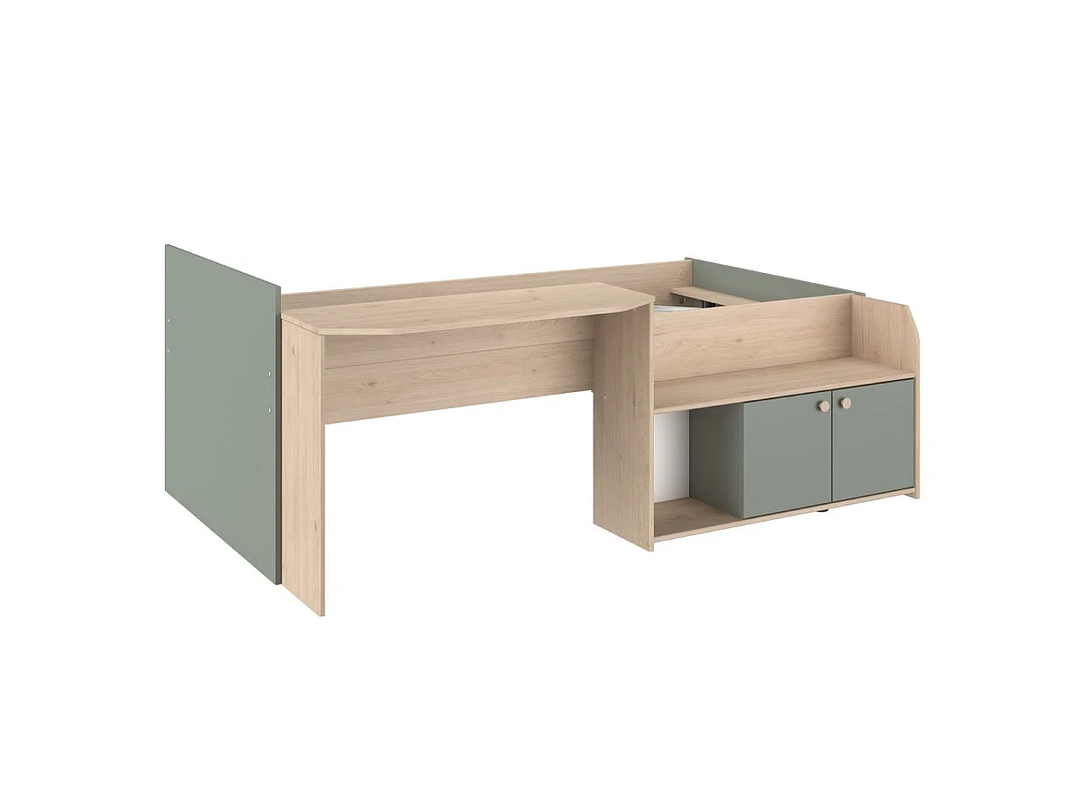 Lit 90x200 combiné avec bureau et rangements aspect bois et vert céladon - ADELINE