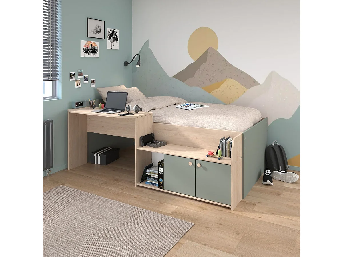 Lit 90x200 combiné avec bureau et rangements aspect bois et vert céladon - ADELINE