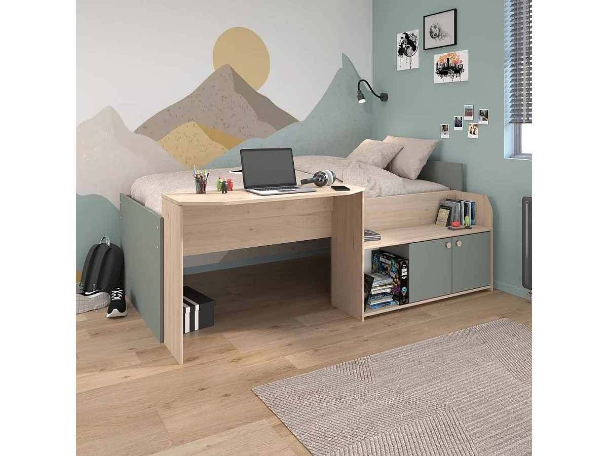 Lit 90x200 combiné avec bureau et rangements aspect bois et vert céladon - ADELINE