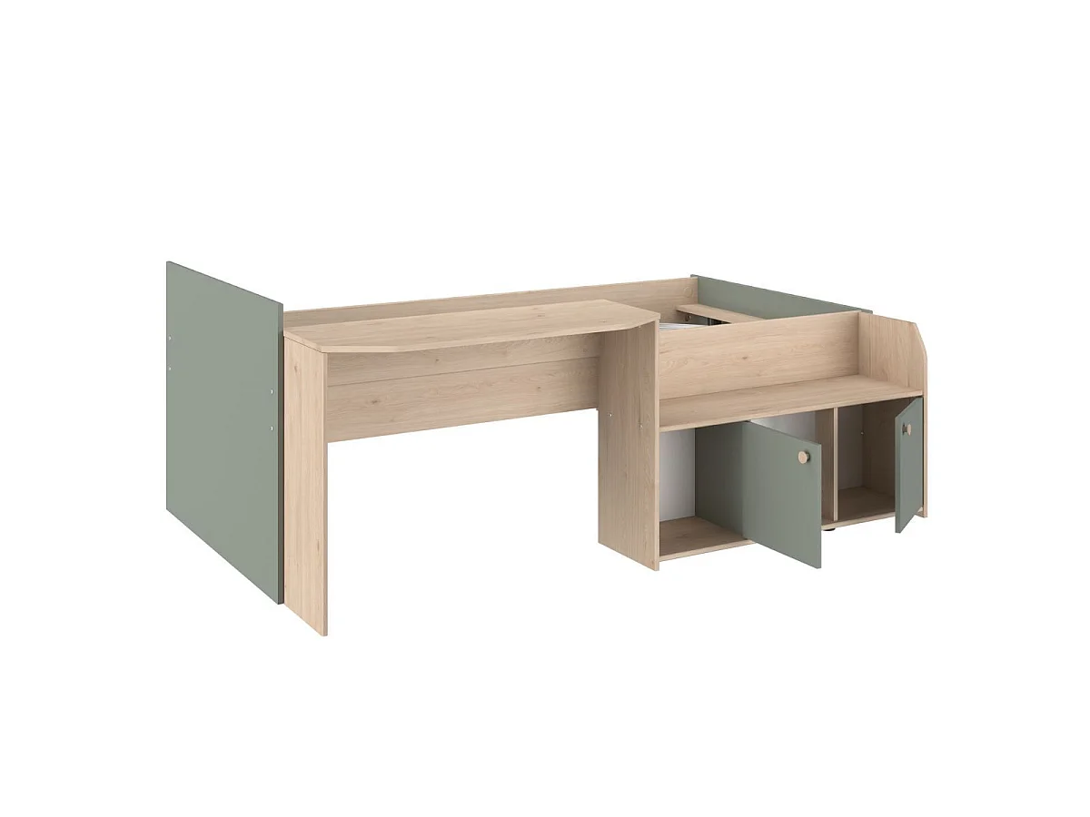 Lit 90x200 combiné avec bureau et rangements aspect bois et vert céladon - ADELINE
