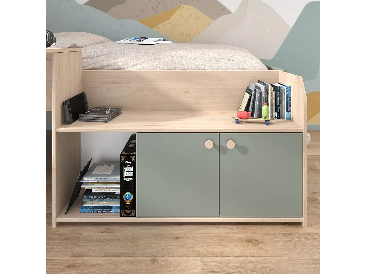 Lit 90x200 combiné avec bureau et rangements aspect bois et vert céladon - ADELINE