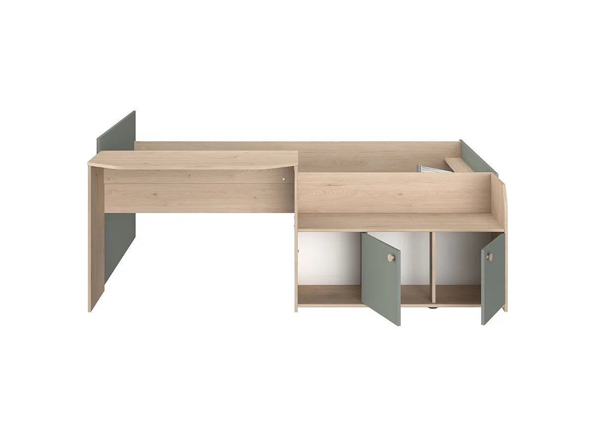 Lit 90x200 combiné avec bureau et rangements aspect bois et vert céladon - ADELINE