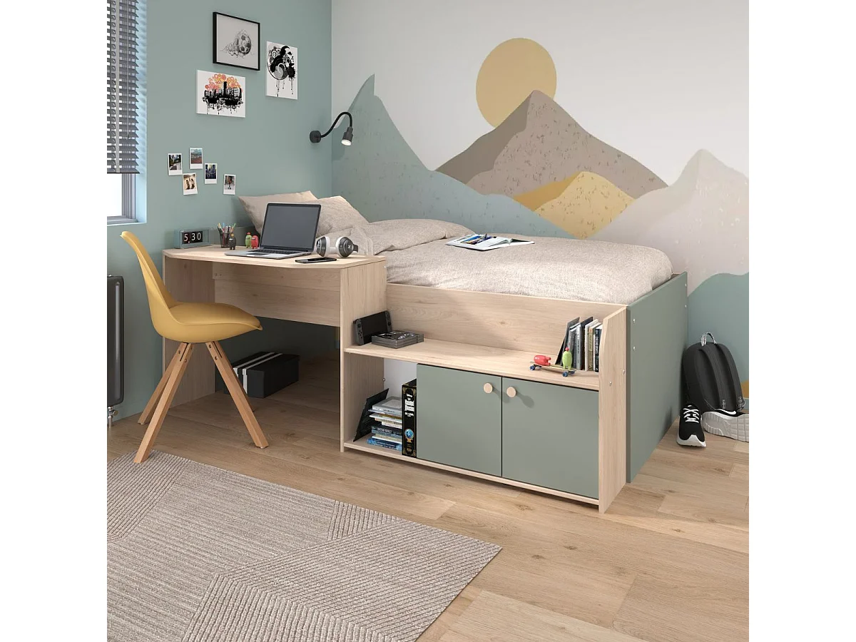 Lit 90x200 combiné avec bureau et rangements aspect bois et vert céladon - ADELINE