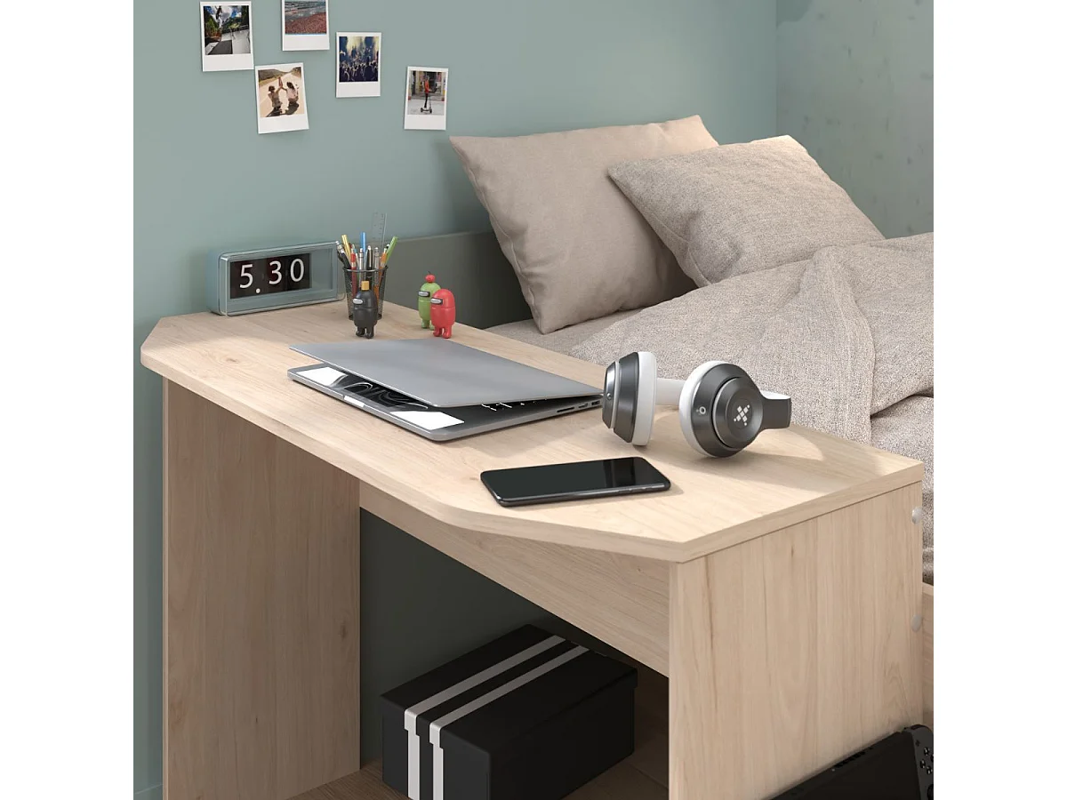 Lit 90x200 combiné avec bureau et rangements aspect bois et vert céladon - ADELINE