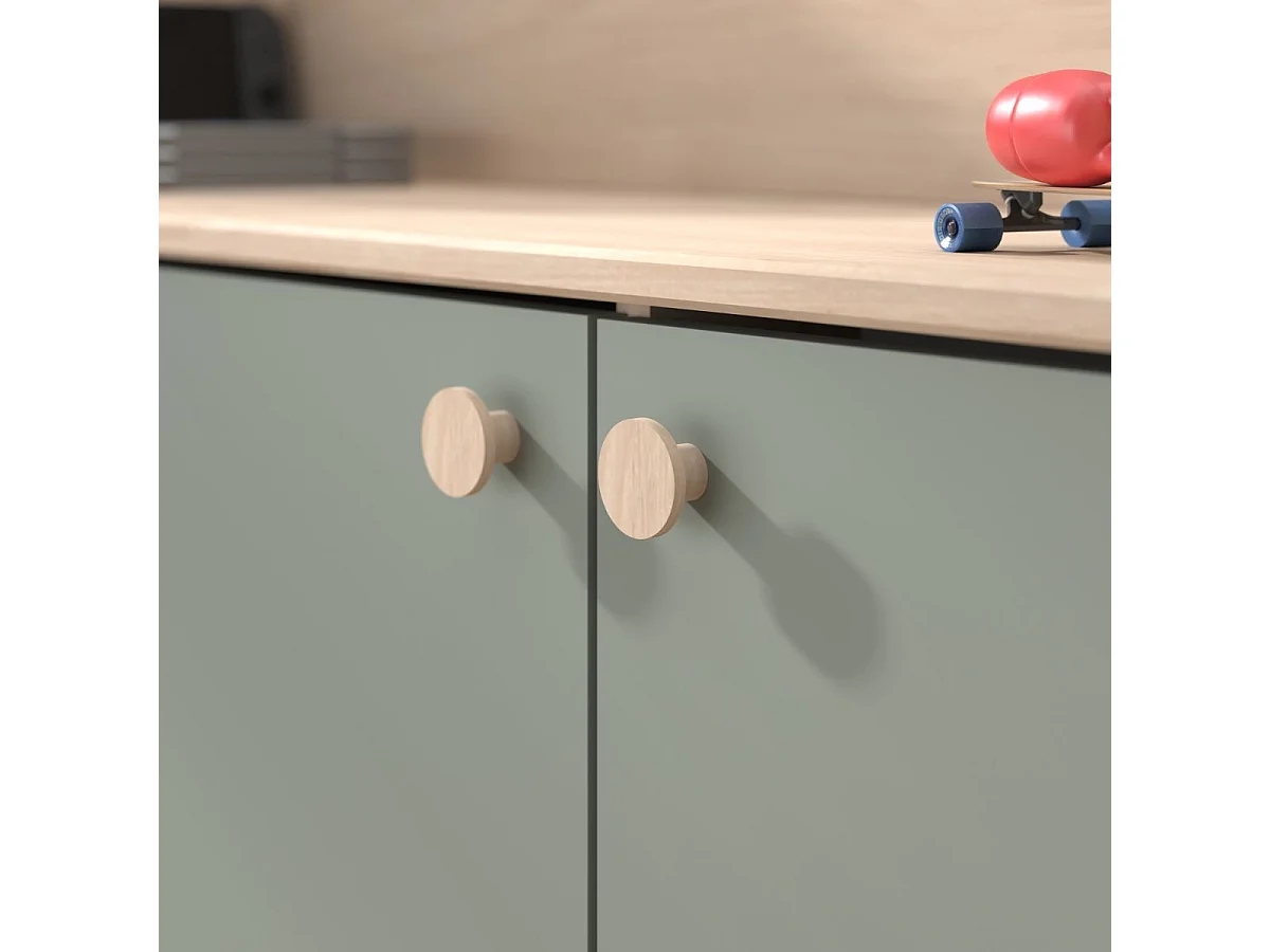 Lit 90x200 combiné avec bureau et rangements aspect bois et vert céladon - ADELINE