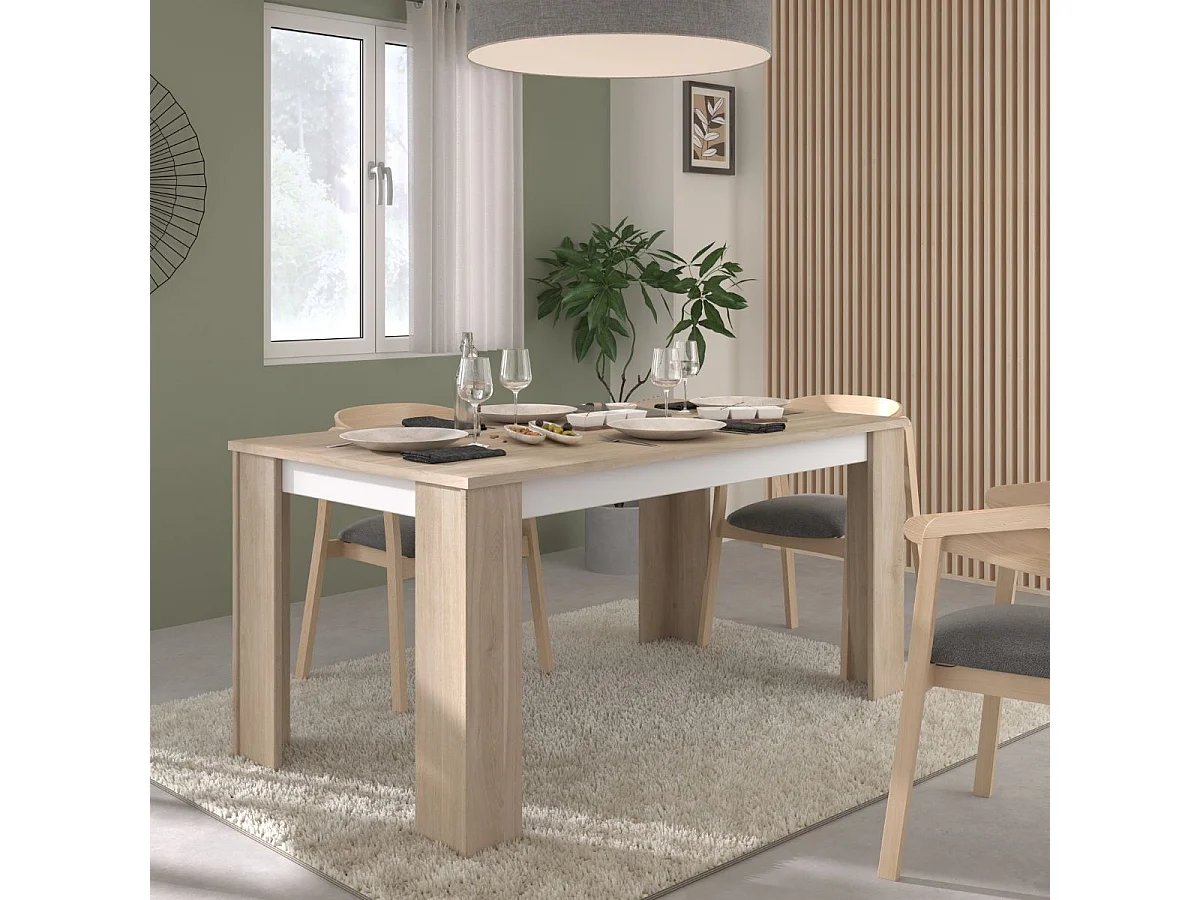 Table repas 160cm aspect bois clair et sous plateau blanc - ORPHÉE
