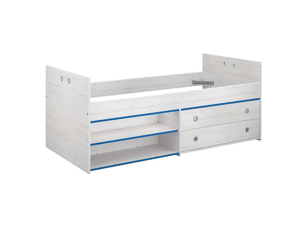 Lit 90x200 avec tiroirs et niches aspect bois blanchi chants bleus en façade - MISYLIA