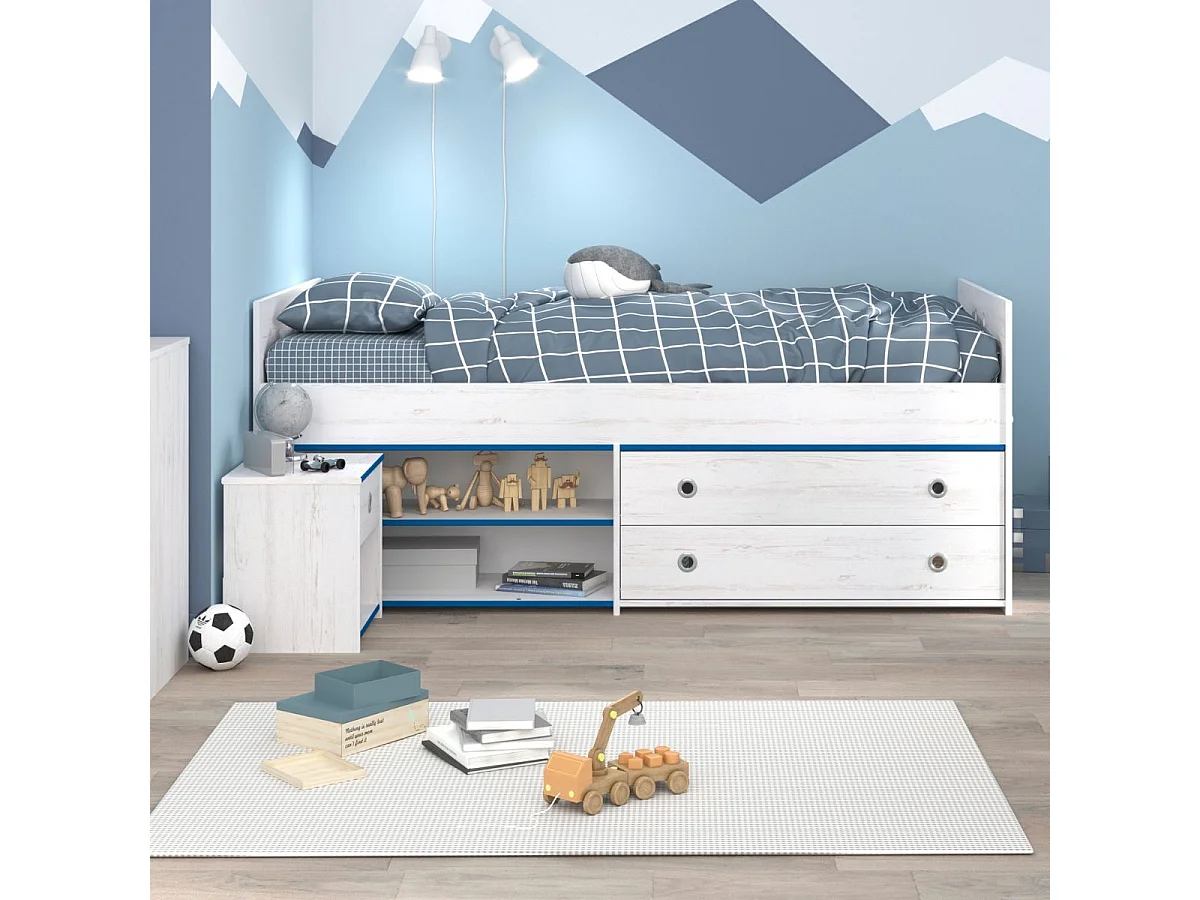 Lit 90x200 avec tiroirs et niches aspect bois blanchi chants bleus en façade - MISYLIA