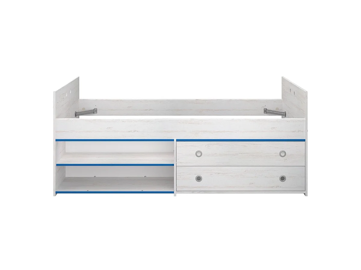 Lit 90x200 avec tiroirs et niches aspect bois blanchi chants bleus en façade - MISYLIA