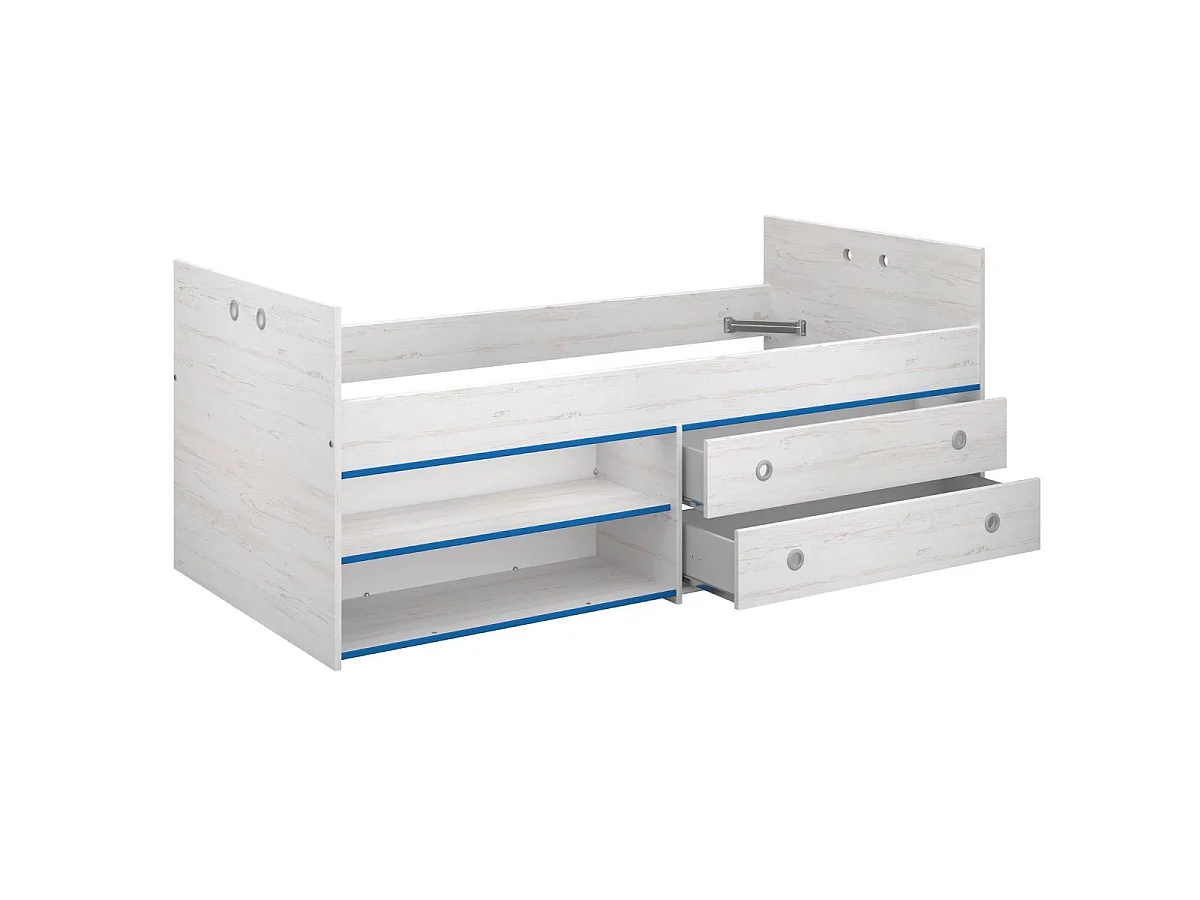 Lit 90x200 avec tiroirs et niches aspect bois blanchi chants bleus en façade - MISYLIA