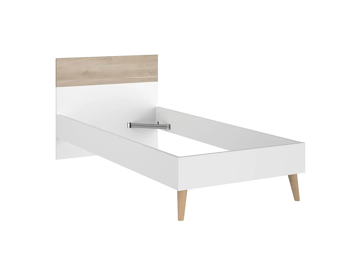 Lit 90x190 cadre blanc et tête de lit avec bandeau finition aspect bois - BORGALL