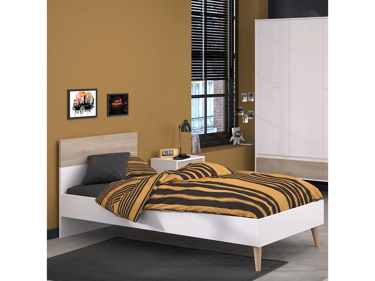Lit 90x190 cadre blanc et tête de lit avec bandeau finition aspect bois - BORGALL