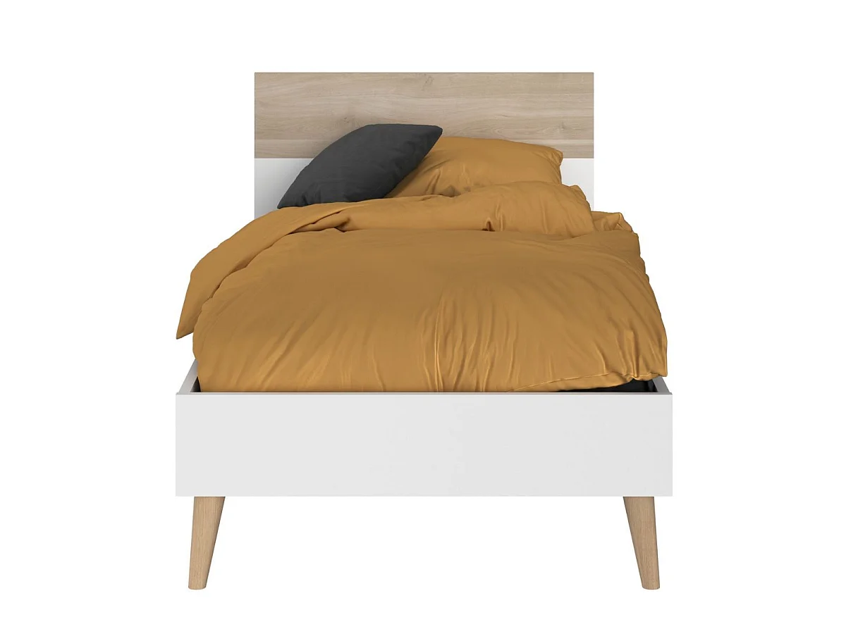 Lit 90x190 cadre blanc et tête de lit avec bandeau finition aspect bois - BORGALL