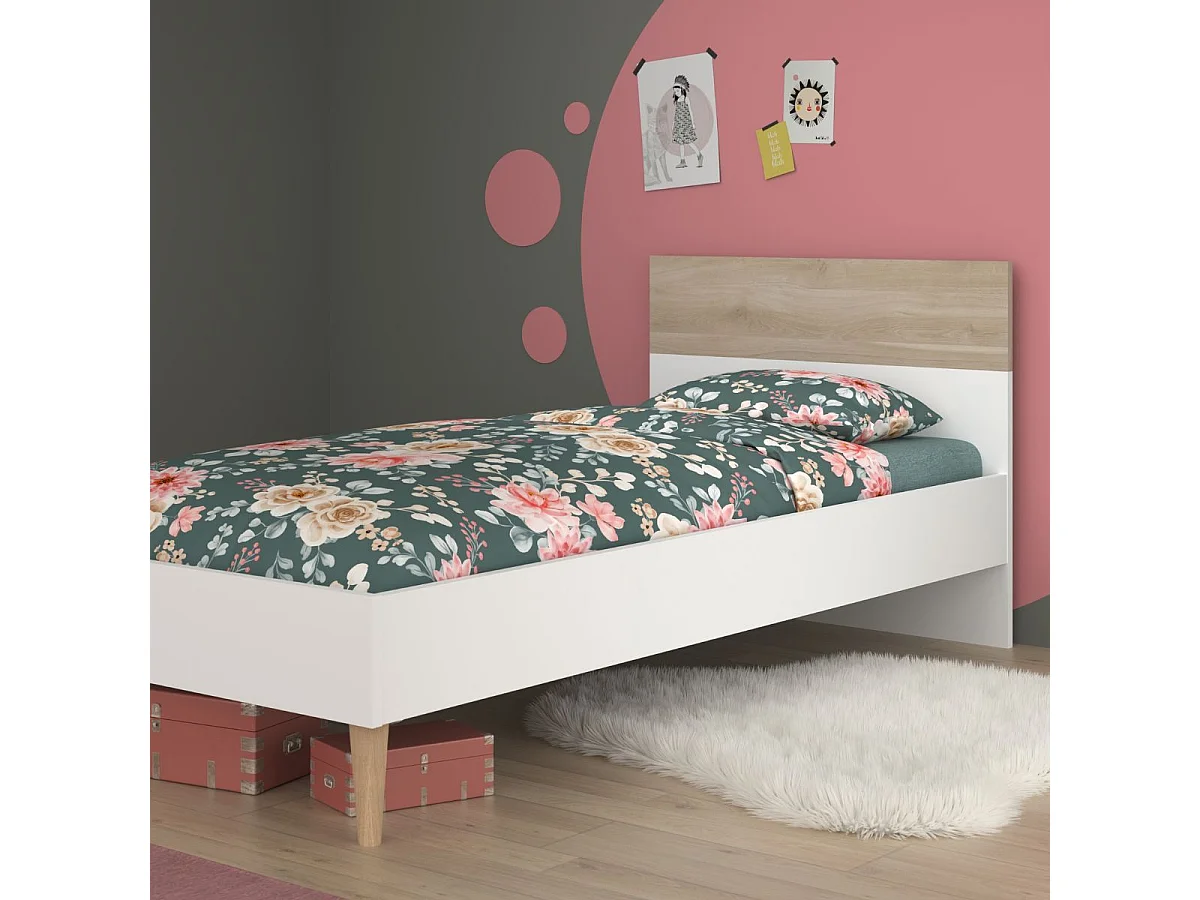Lit 90x190 cadre blanc et tête de lit avec bandeau finition aspect bois - BORGALL