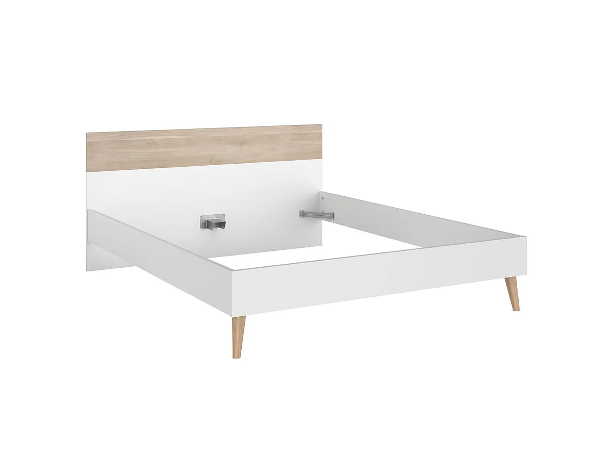 Lit 160x200 cadre blanc et tête de lit avec bandeau finition aspect bois - BORGALL
