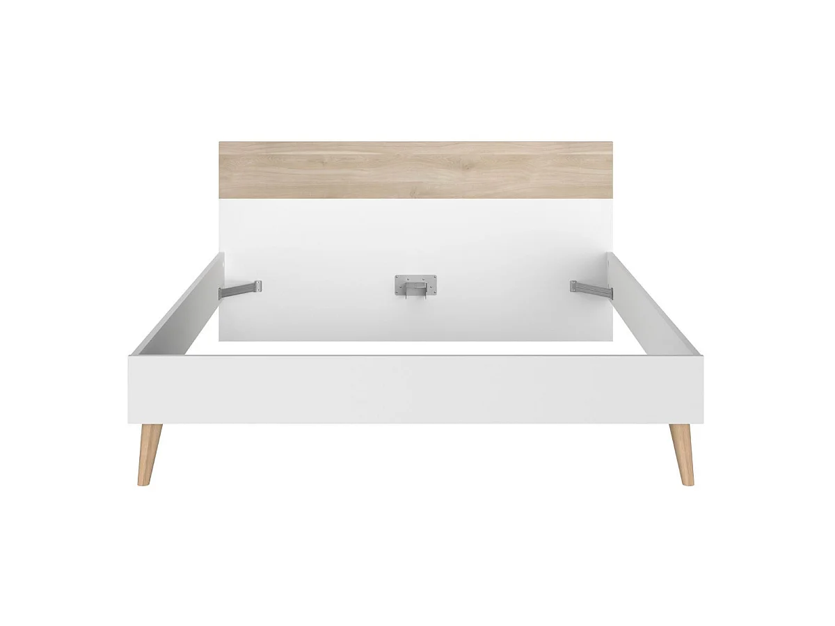 Lit 160x200 cadre blanc et tête de lit avec bandeau finition aspect bois - BORGALL