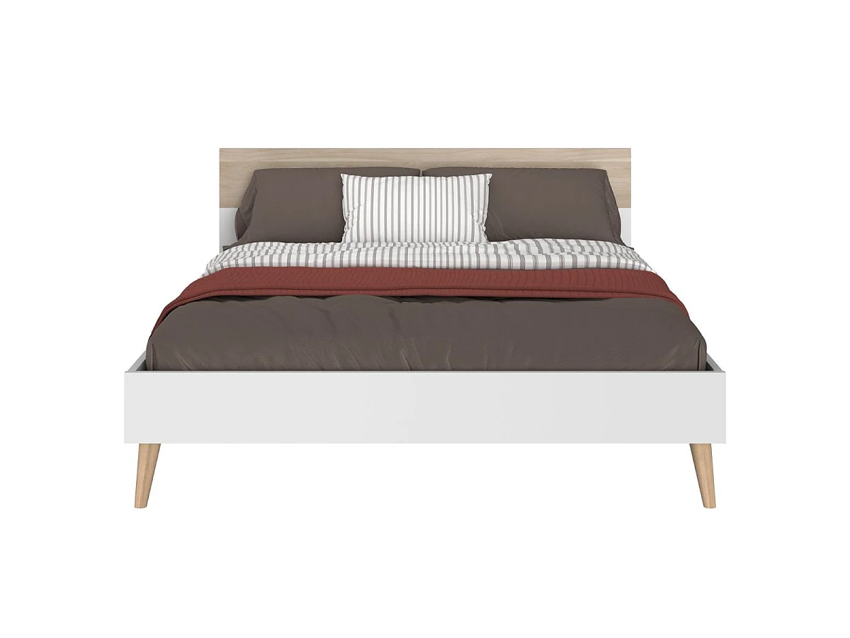 Lit 160x200 cadre blanc et tête de lit avec bandeau finition aspect bois - BORGALL