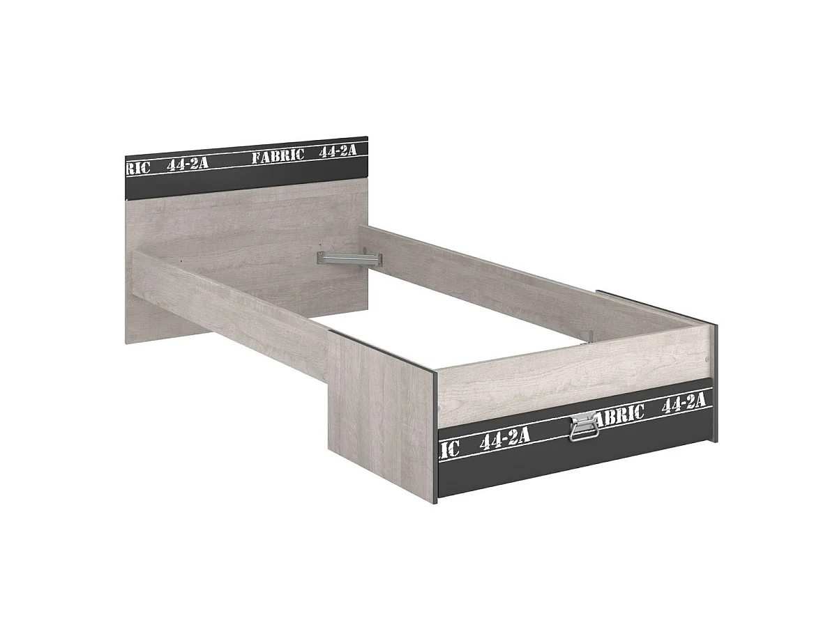 Lit 90x200 aspect bois grisé tête et pied de lit tiroir anthracite sérigraphiés - ZIGGY