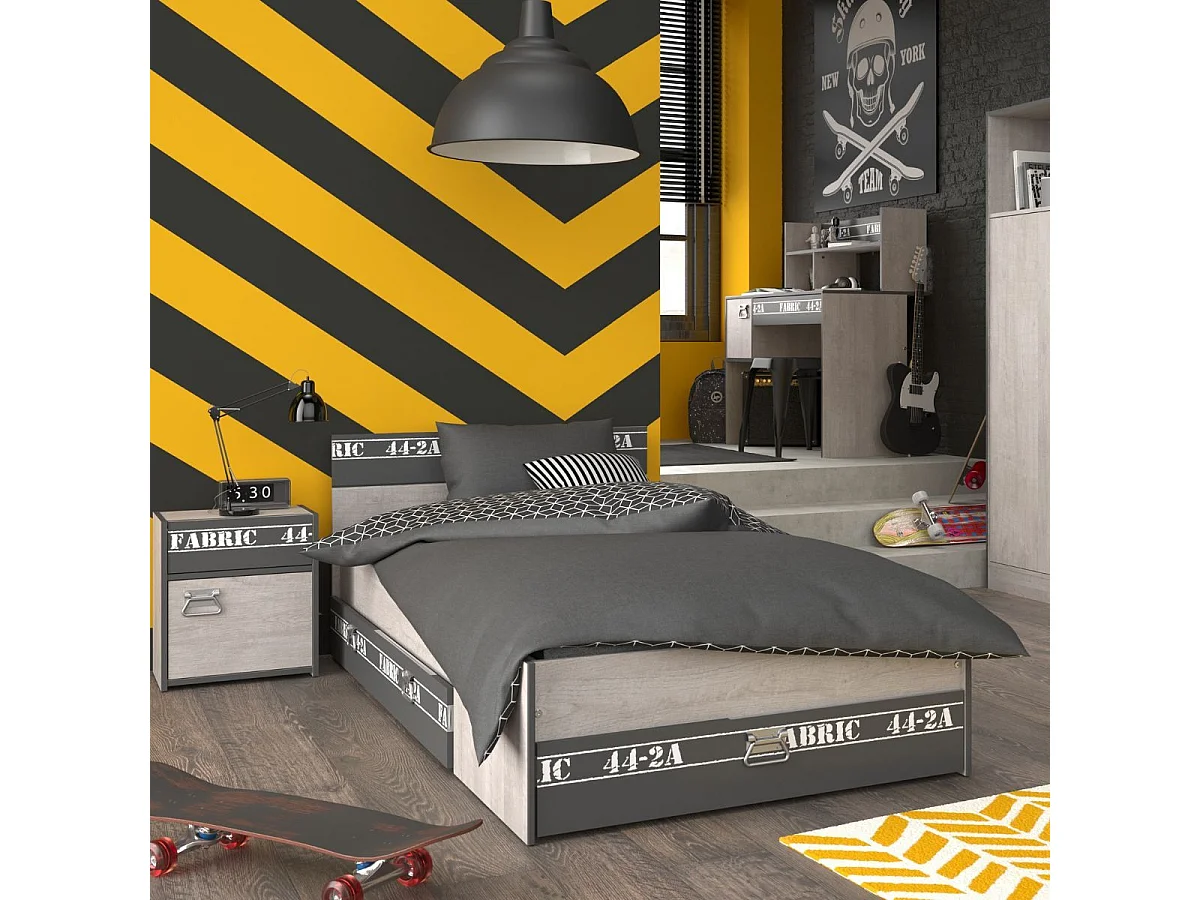 Lit 90x200 aspect bois grisé tête et pied de lit tiroir anthracite sérigraphiés - ZIGGY