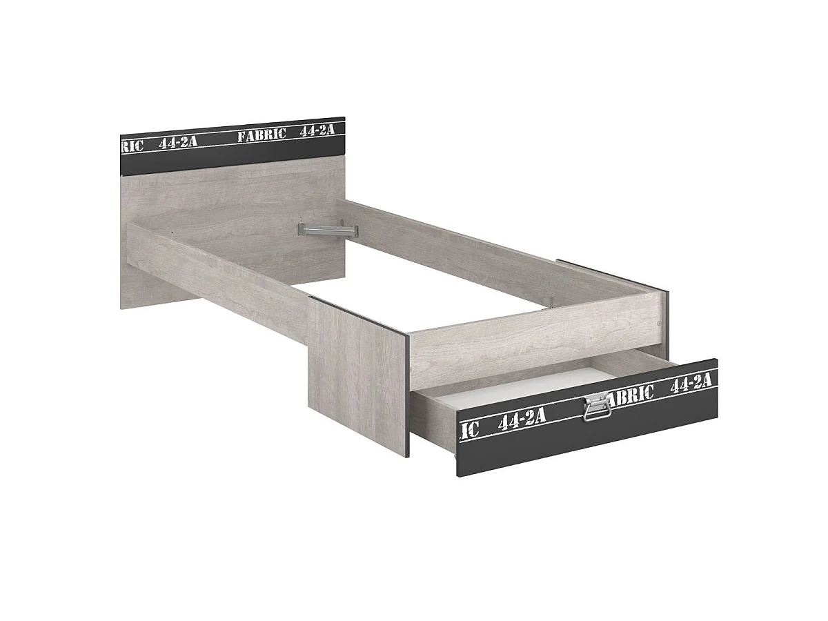 Lit 90x200 aspect bois grisé tête et pied de lit tiroir anthracite sérigraphiés - ZIGGY