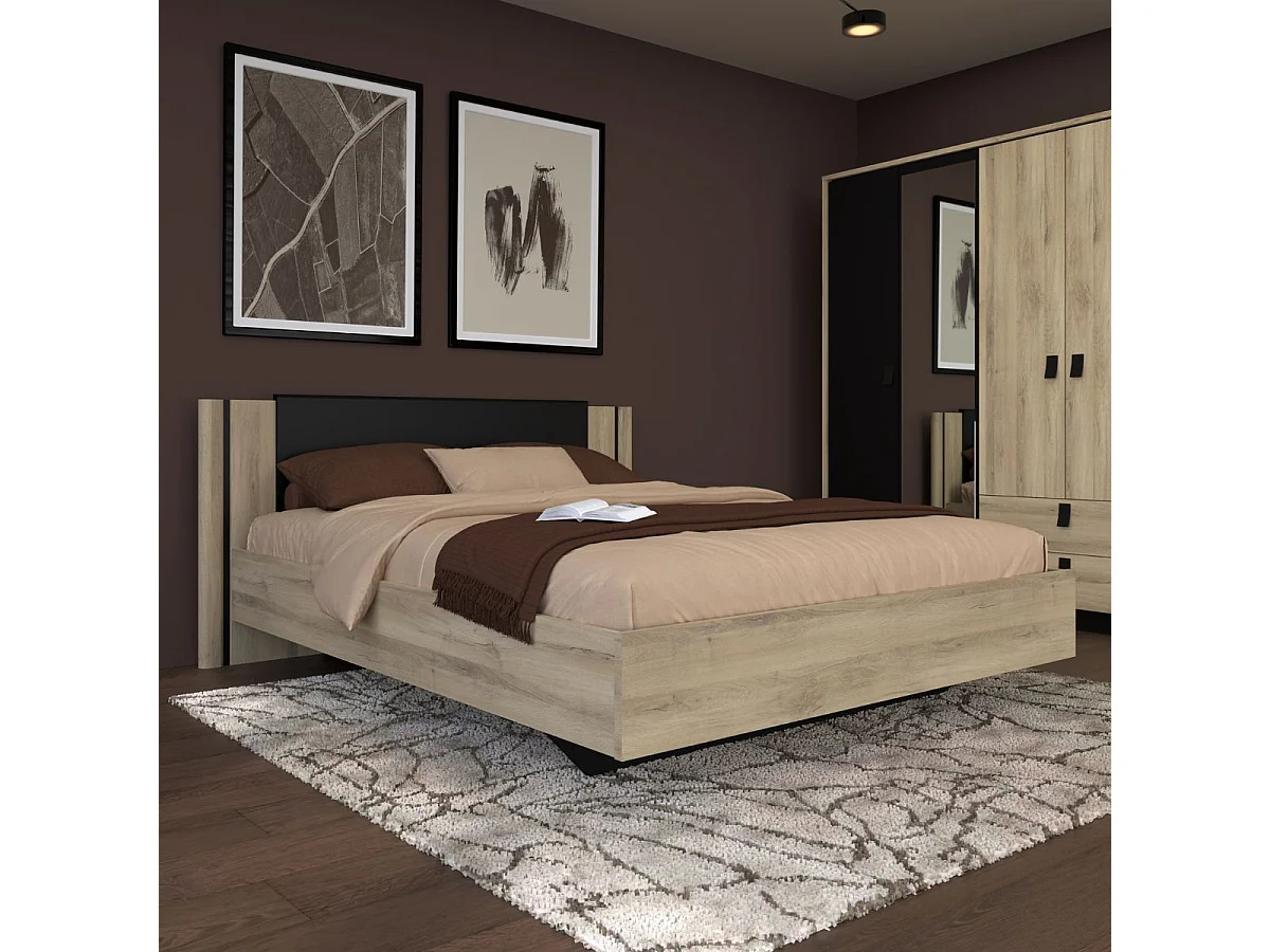 Lit 160x200 design aspect bois et noir - ELOUAN
