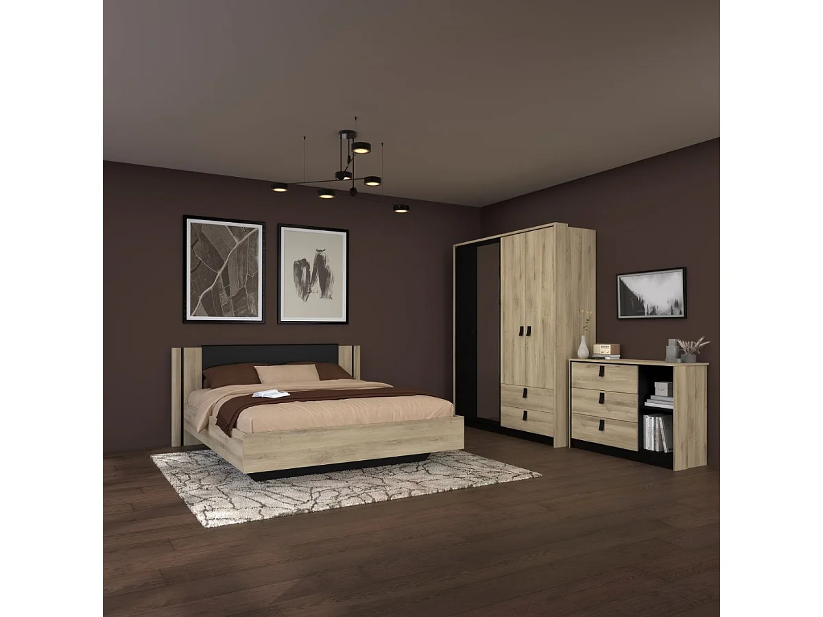 Lit 160x200 design aspect bois et noir - ELOUAN
