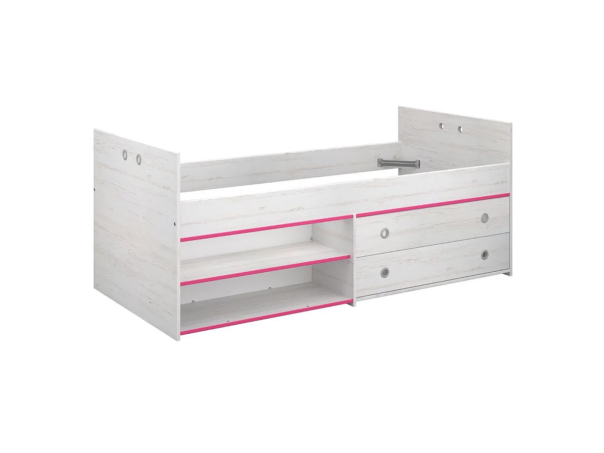 Lit 90x200 avec tiroirs et niches aspect bois blanchi chants roses en façade - MISYLIA
