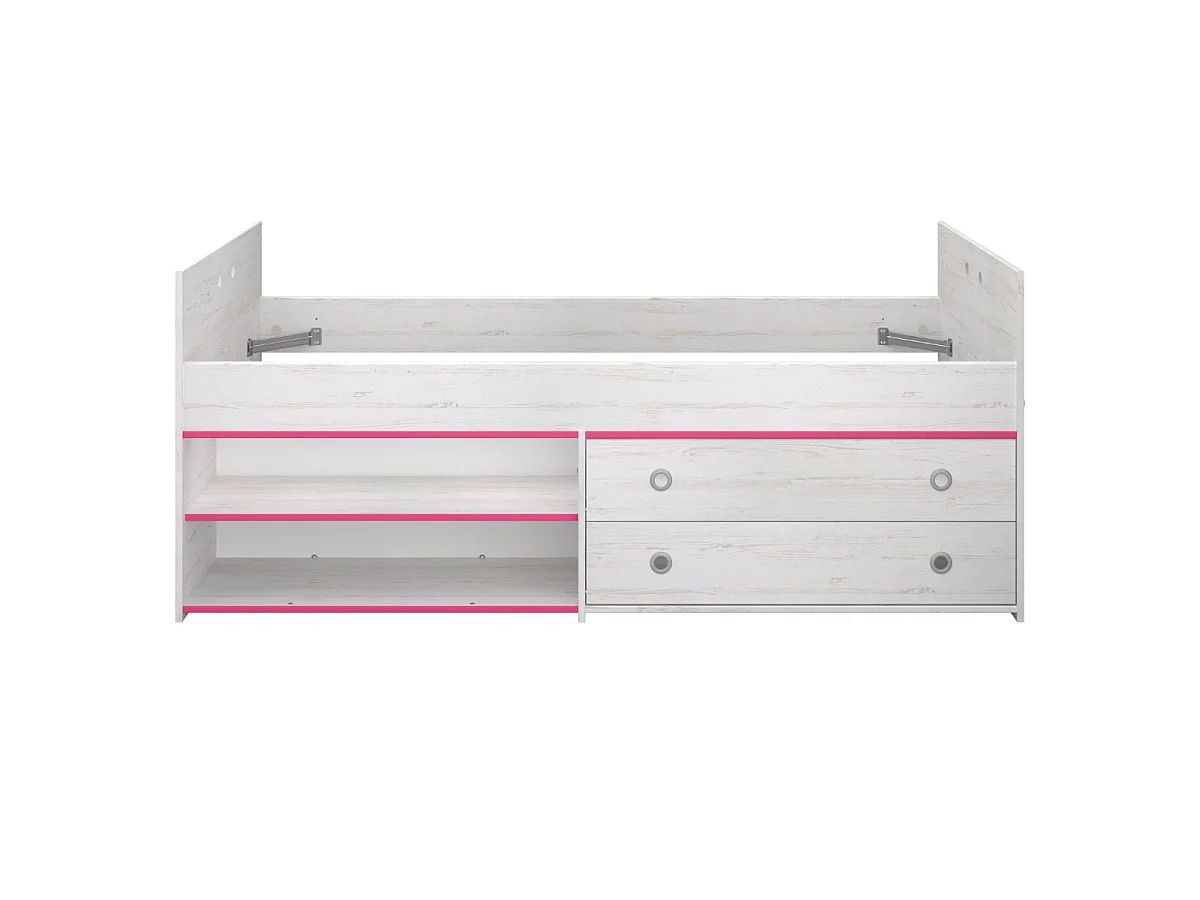 Lit 90x200 avec tiroirs et niches aspect bois blanchi chants roses en façade - MISYLIA