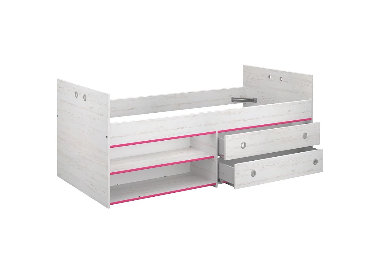 Lit 90x200 avec tiroirs et niches aspect bois blanchi chants roses en façade - MISYLIA