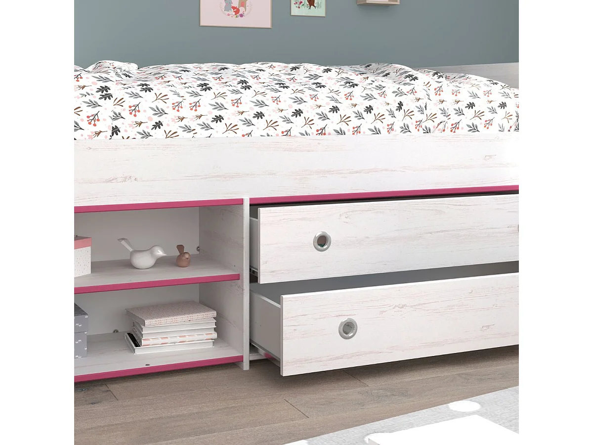 Lit 90x200 avec tiroirs et niches aspect bois blanchi chants roses en façade - MISYLIA