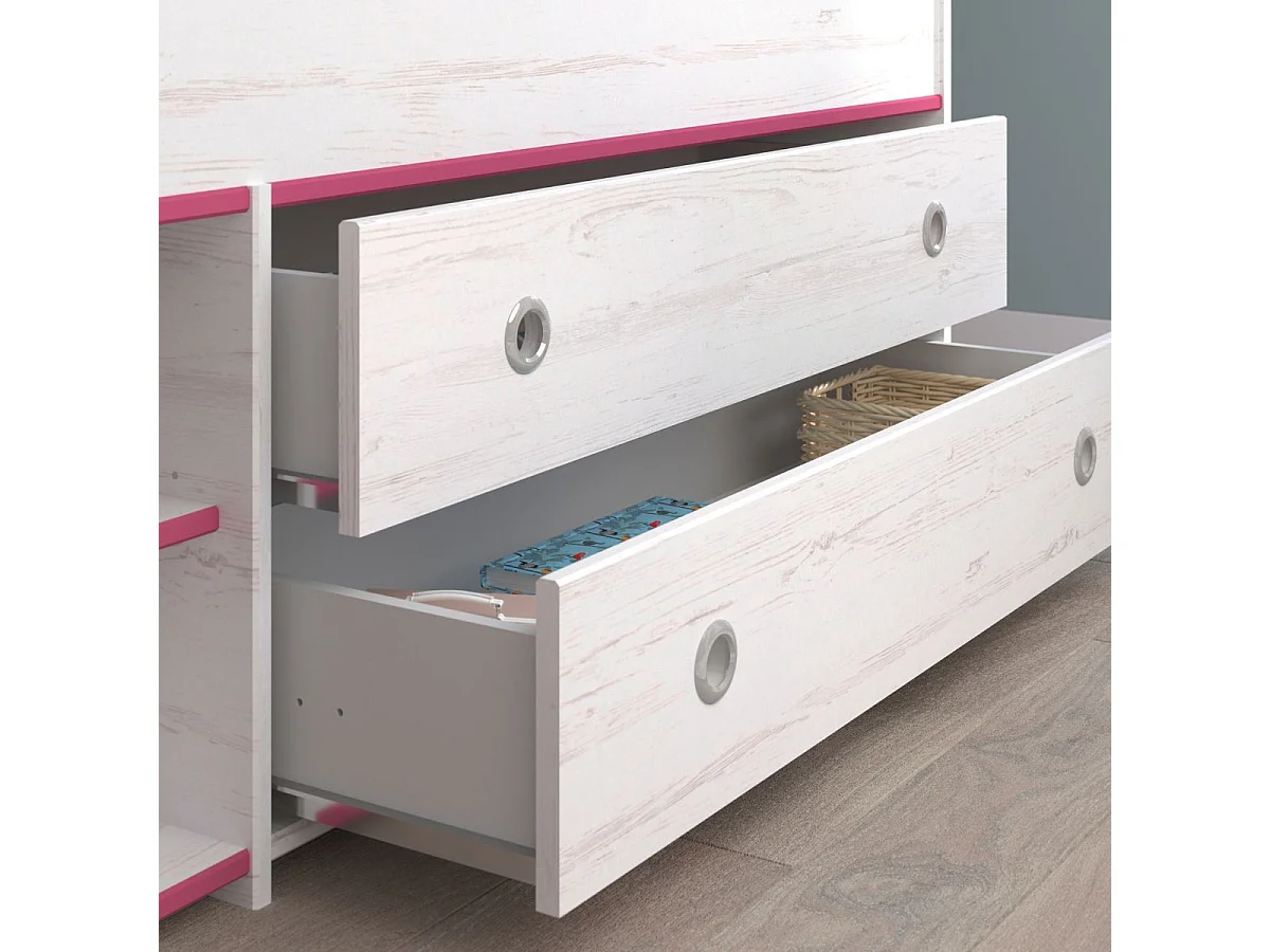 Lit 90x200 avec tiroirs et niches aspect bois blanchi chants roses en façade - MISYLIA