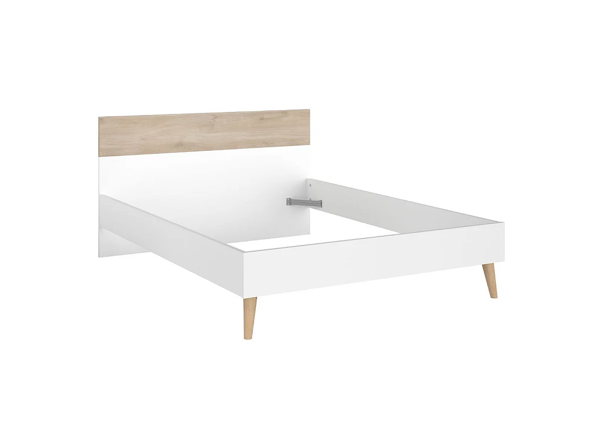 Lit 140x200 cadre blanc et tête de lit avec bandeau finition aspect bois - BORGALL