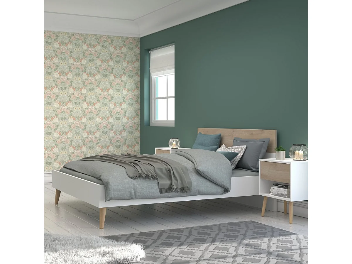 Lit 140x200 cadre blanc et tête de lit avec bandeau finition aspect bois - BORGALL