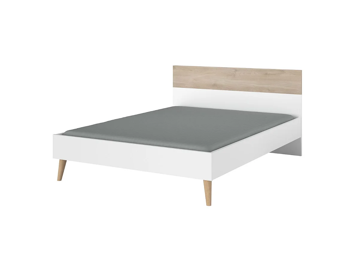 Lit 140x200 cadre blanc et tête de lit avec bandeau finition aspect bois - BORGALL