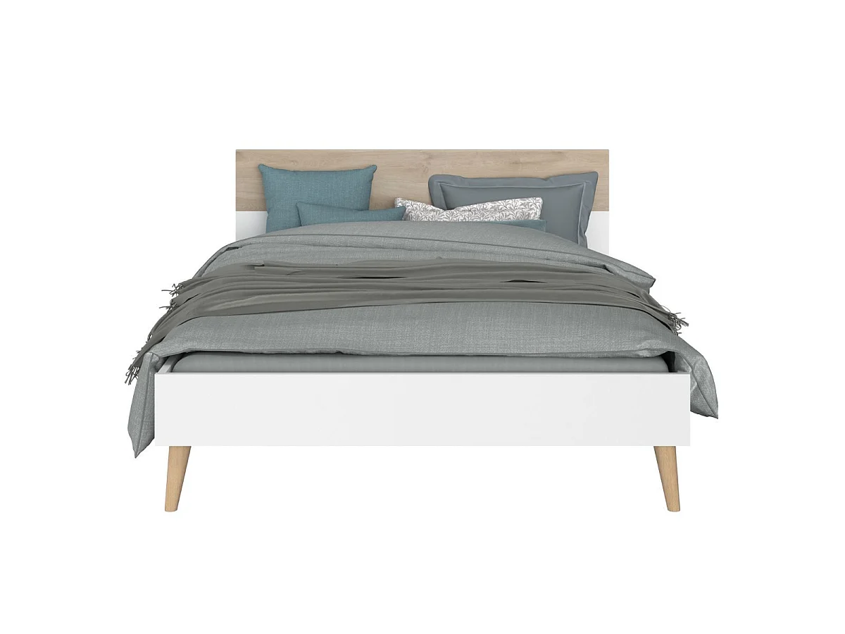 Lit 140x190 cadre blanc et tête de lit avec bandeau finition aspect bois - BORGALL