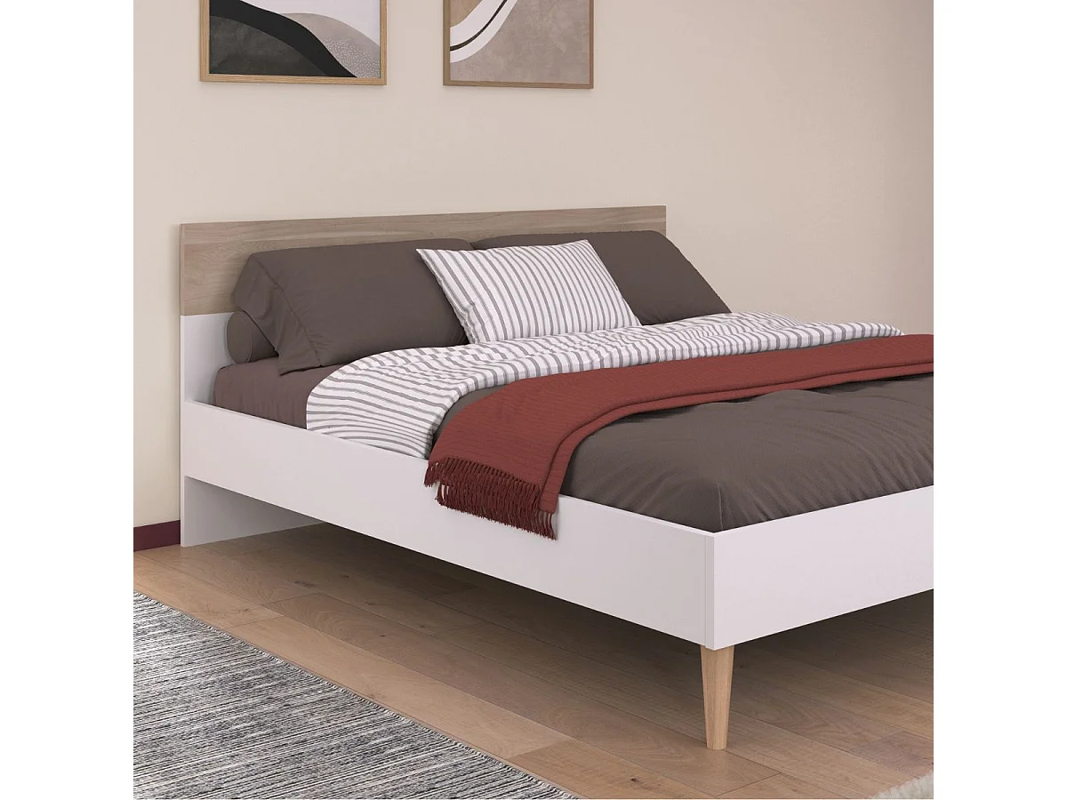 Lit 140x190 cadre blanc et tête de lit avec bandeau finition aspect bois - BORGALL
