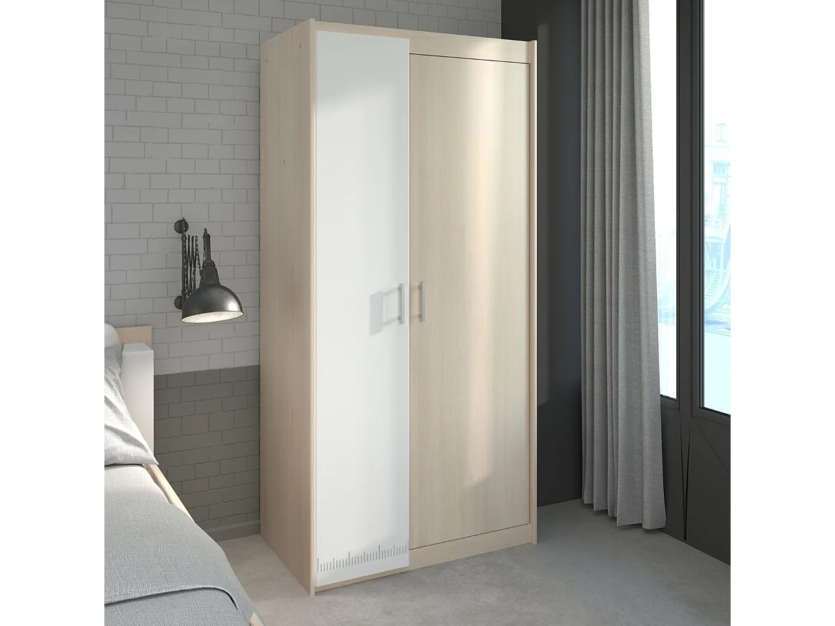 Armoire 2 portes aspect bois avec 1 porte blanche sérigraphiée - CHARLINE