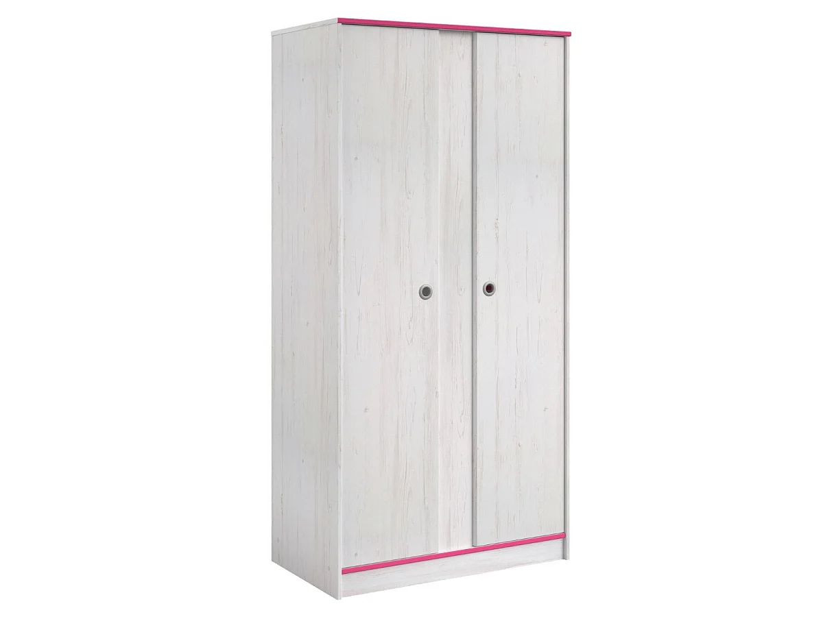 Armoire 2 portes aspect bois blanchi avec chants roses en façade - MISYLIA